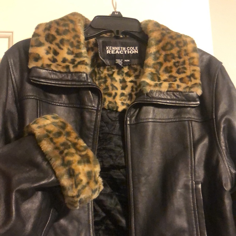 Black Leather Kenneth Cole Reaction Jacket with cheetah fur on collar and cuffs